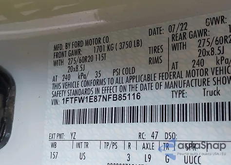 2022 Ford F-150 Xlt z USA, uszkodzony, nr VIN 1FTFW1E87NFB85116